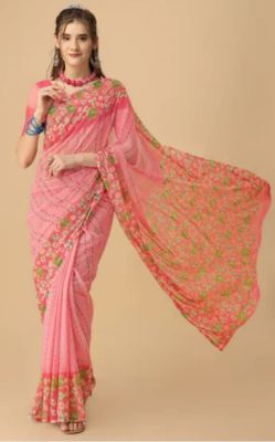 Coral Pink Pure Handloom Georgette Saree From Banaras
