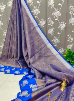 Bluish Grey Banarasi Silk With Contrast Border Saree From Banaras