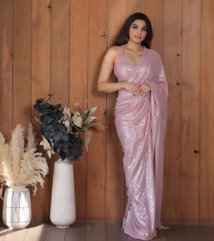 Baby Pink Digital Printed Sequence Work Georgette Saree