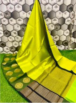 Bright Olive Banarasi Silk With Contrast Border Saree From Banaras