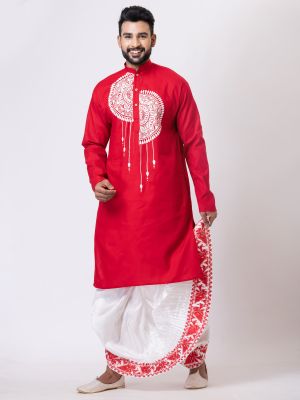 Red Handcrafted Kantha Embroidered Dhoti Punjabi Set