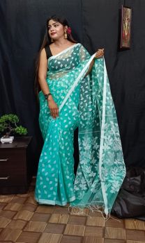 Green Blue Pure Handloom Maslin Saree