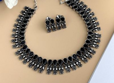 Silver Pure Oxidised Necklace With Black Stone Jewellery
