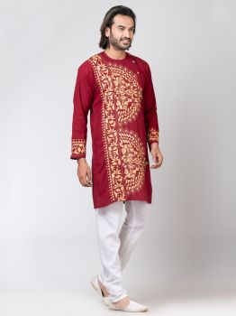 Maroon Pure Handloom Katha Stitch Kurta From Bengal