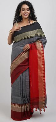 Gray Pure Handloom Cotton Saree From Bengal
