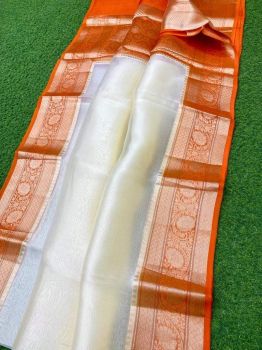 White Pure Handloom Organza Saree From Bengal