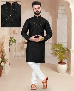 Men Black Silk Kurta Mirror Work Original kurta