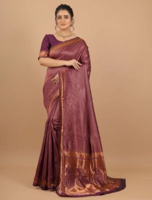 Wine Berry Pure Handloom Kanjivaram Silk Cotton Saree From Banaras