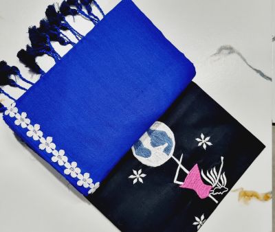 Royal Blue Black Pure Handloom Cotton Saree From Bengal