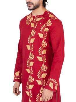 Red Pure Handloom Kantha Stitch Cotton Kurta