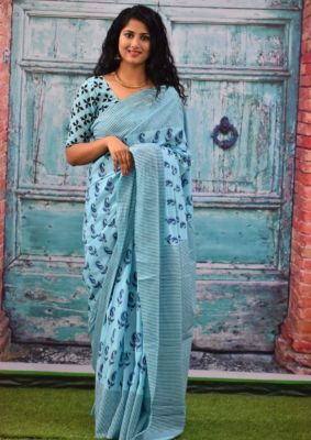Sea Blue Pure Handloom Mulmul Saree From Bengal