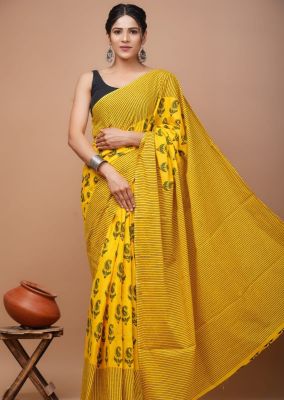 Mustard Yellow Pure Handloom Mulmul Saree From Bengal