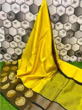 Burnt Yellow Banarasi Silk With Contrast Border Saree From Banaras