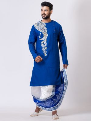 Blue Handcrafted Kantha Embroidered Dhoti Punjabi Set