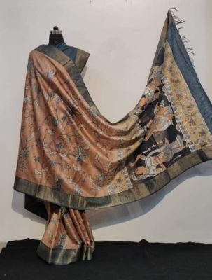 Chocolate Brown Pure Handloom Kantha Silk Saree From Bengal