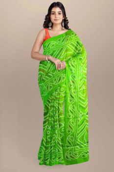 Leaf Green Block Print Cotton mulmul saree
