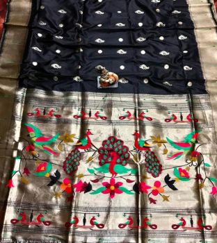 Black Banarasi Silk Antique Gold Zari Work Saree From Banaras
