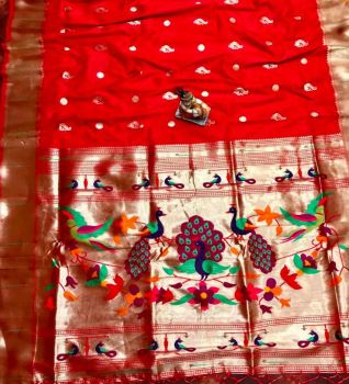 Red Banarasi Silk Antique Gold Zari Work Saree From Banaras