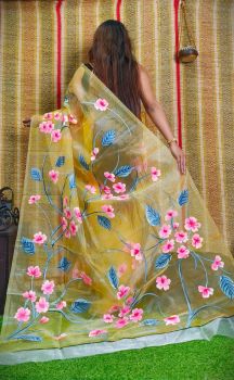 Light Yellow Hand Printed Pure Handloom Organza Saree