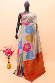 Pinkish Brown Pure Handloom Tassar Ghicha Bapta Silk Flower Design Saree