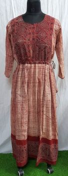 Brick Red Pure Handloom Ajrakh Brush Printed Long Frock From Bengal