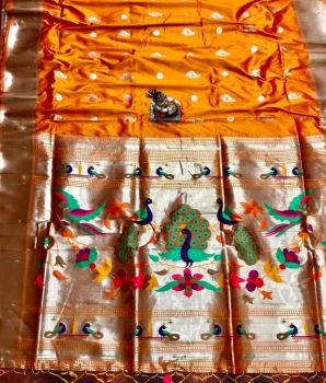 Orange Banarasi Silk Antique Gold Zari Work Saree From Banaras