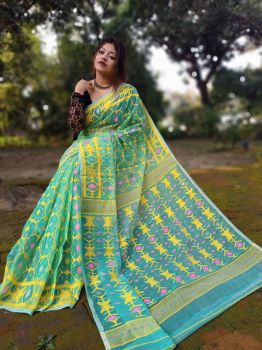 Teal Green Pure Handloom Dhakai Jamdani Saree From Bengal