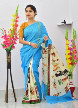 Sky Blu Pure Handloom Khesh Cotton Saree From Bengal