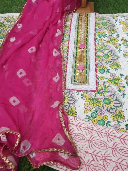 Cotton Gota Detailing Suit With Chiffon Dupatta