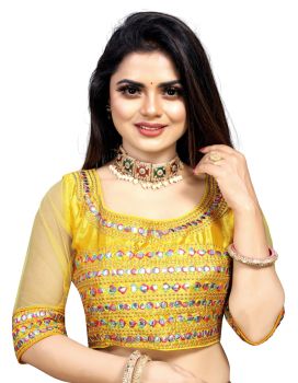 Yellow Phantom Silk Mirror Work Festival To Wear Blouse