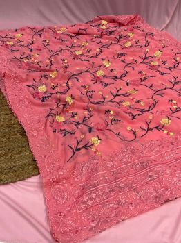Peach Flower Jal Cutwork Pure Georgette Silk Saree
