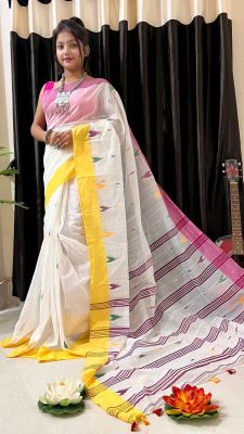 White Pure Handloom Silk Cotton Saree From Bengal