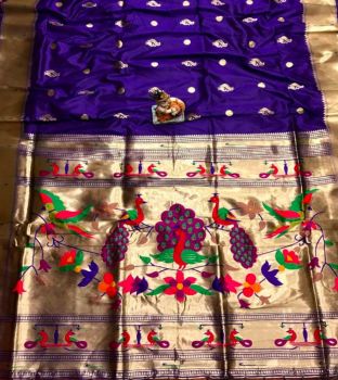 Blue Banarasi Silk Antique Gold Zari Work Saree From Banaras
