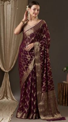 Grape Purple Pure Handloom Georgette Saree From Banaras