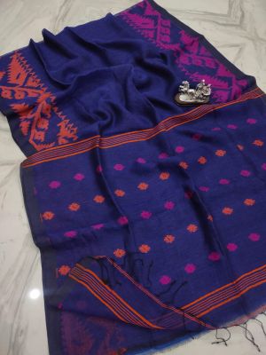 Navy Blue Pure Handloom Linen By Linen Saree From Bengal
