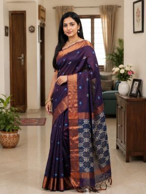 Dark Purple Pure Handloom Linen By Linen Saree From Bengal
