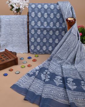 Dark Grey Blue Handloom Suit With Cotton Dupatta