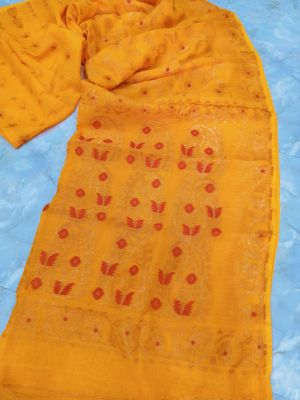 Yellow Pure Handloom Dhakai Jamdani Saree From Bengal