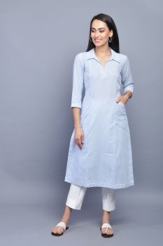 Light Blue Striped Kurta with Pockets