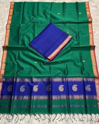 Bottle Green Pure Handloom Meheshwari Silk Saree From Bengal