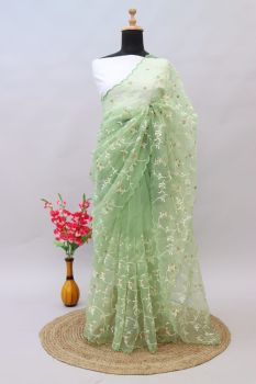 Light Green Leaf Thread Work Organza Saree