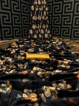 Black Flower Design Heavy Satin Silk Saree