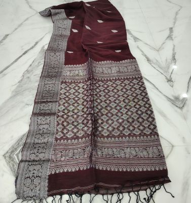 Wine Berry Pure Handloom Linen By Linen Saree From Bengal