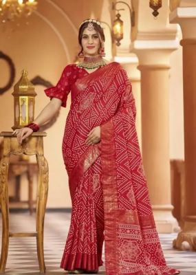 Brick Red Pure Handloom Bandhani Silk Saree From Banaras
