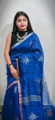 Royal Blue Pure Handloom Linen By Linen Saree From Bengal