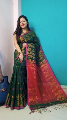 Dark Green Pure Handloom Silk Cotton Saree From Bengal