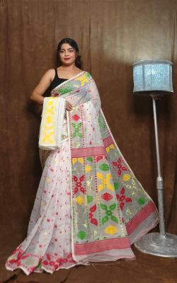 White Red Pure Handlloom Dhkai Jamdani Saree From Bengal