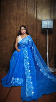 Sky Blue Pure Handloom Resham Dhakai Jamdani Saree From Bengal