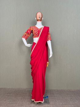 Red Plain Body Sequence Embroidery Work Georgette Saree