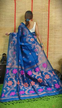 Dark Blue Pure Handloom Organic Linen By Linen Saree From Bengal